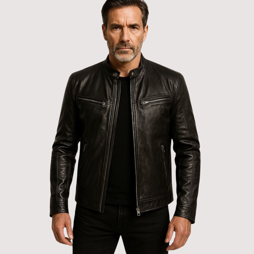 Men's classic leather zip jacket, view 6