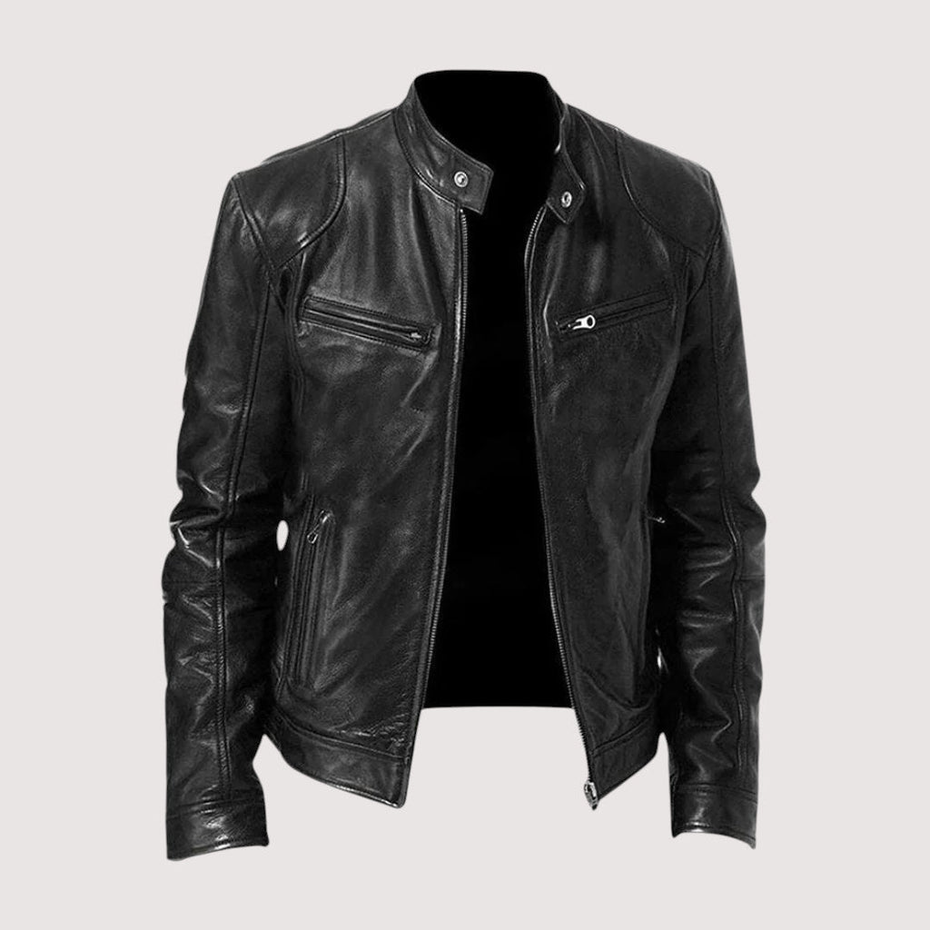 Men's classic leather zip jacket, side view