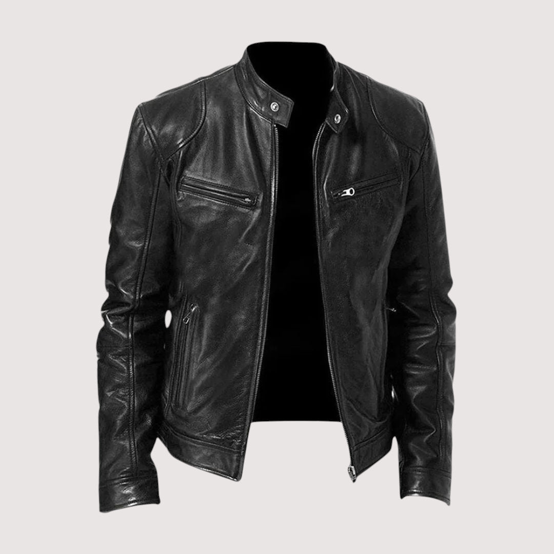 Men's classic leather zip jacket, side view