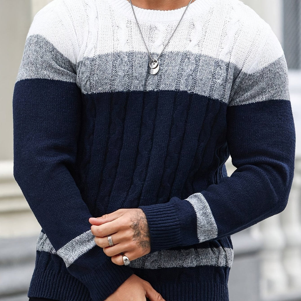 Men's colour block cable knit crew jumper, view 11