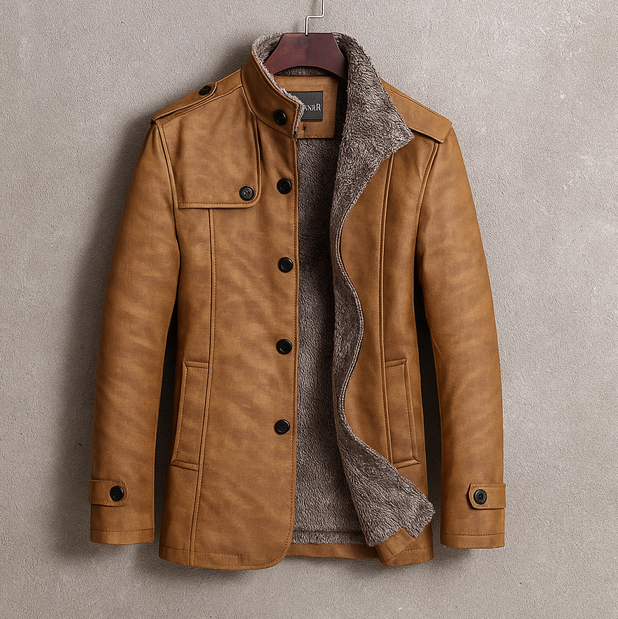 Men's suede tailored winter coat, side view