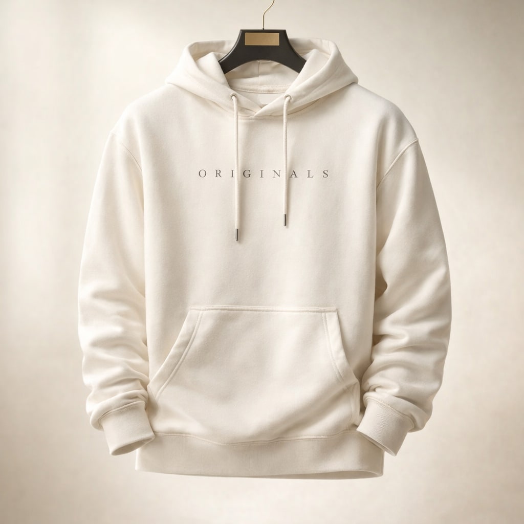 Men's relaxed everyday pullover hoodie, side view