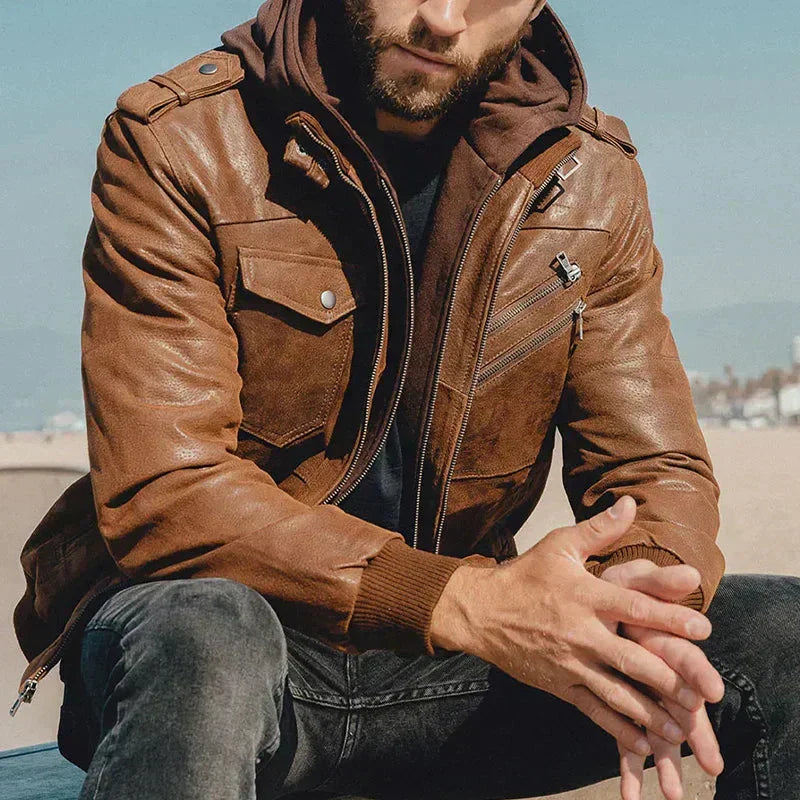 Men's roomy hooded utility jacket, back view