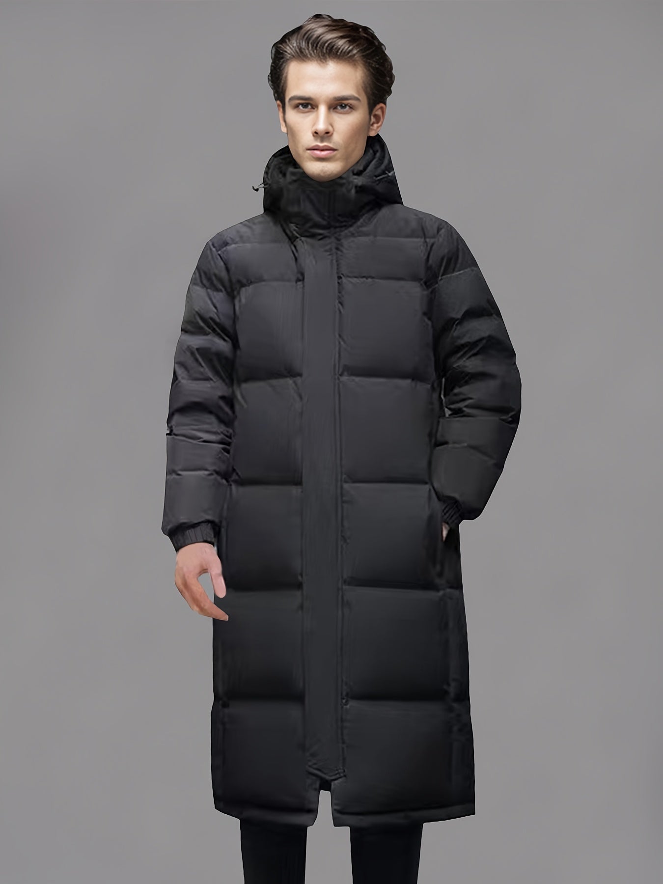 Men's long windproof puffer coat, detail
