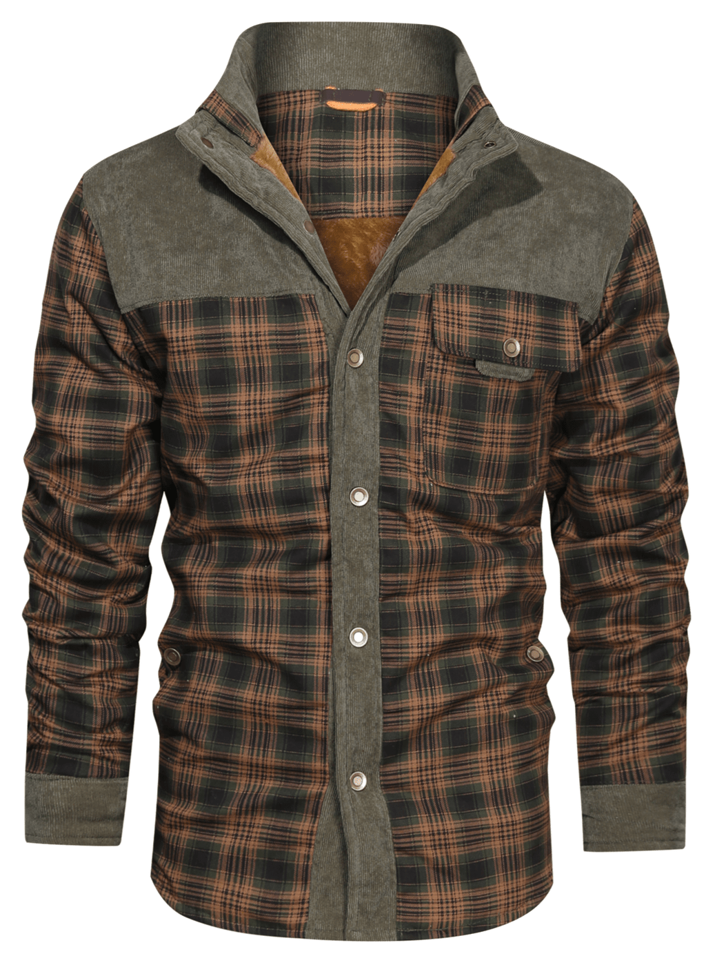 Men's faux fur lined check flannel jacket, side view