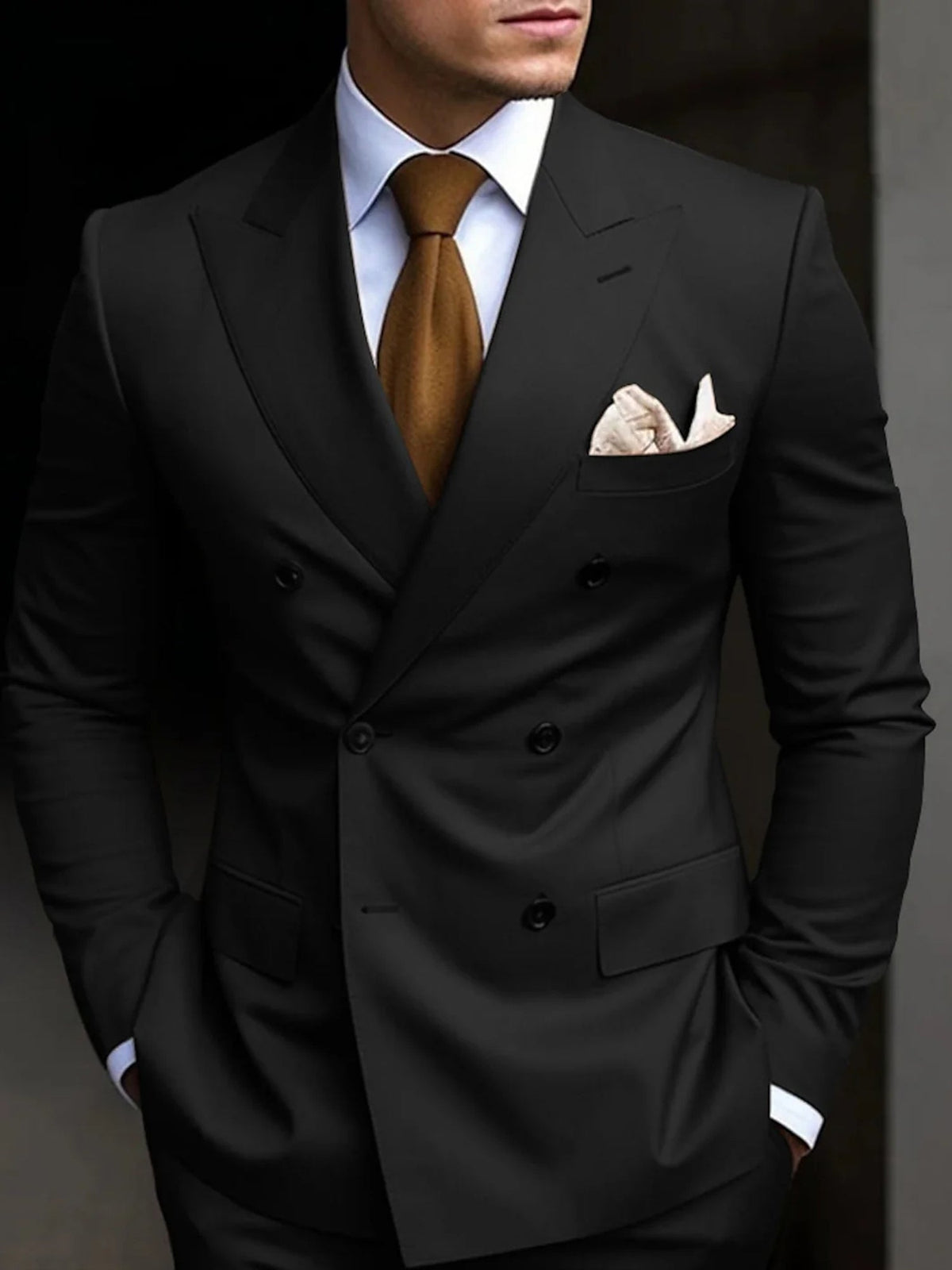Men's double breasted two piece suit, back view