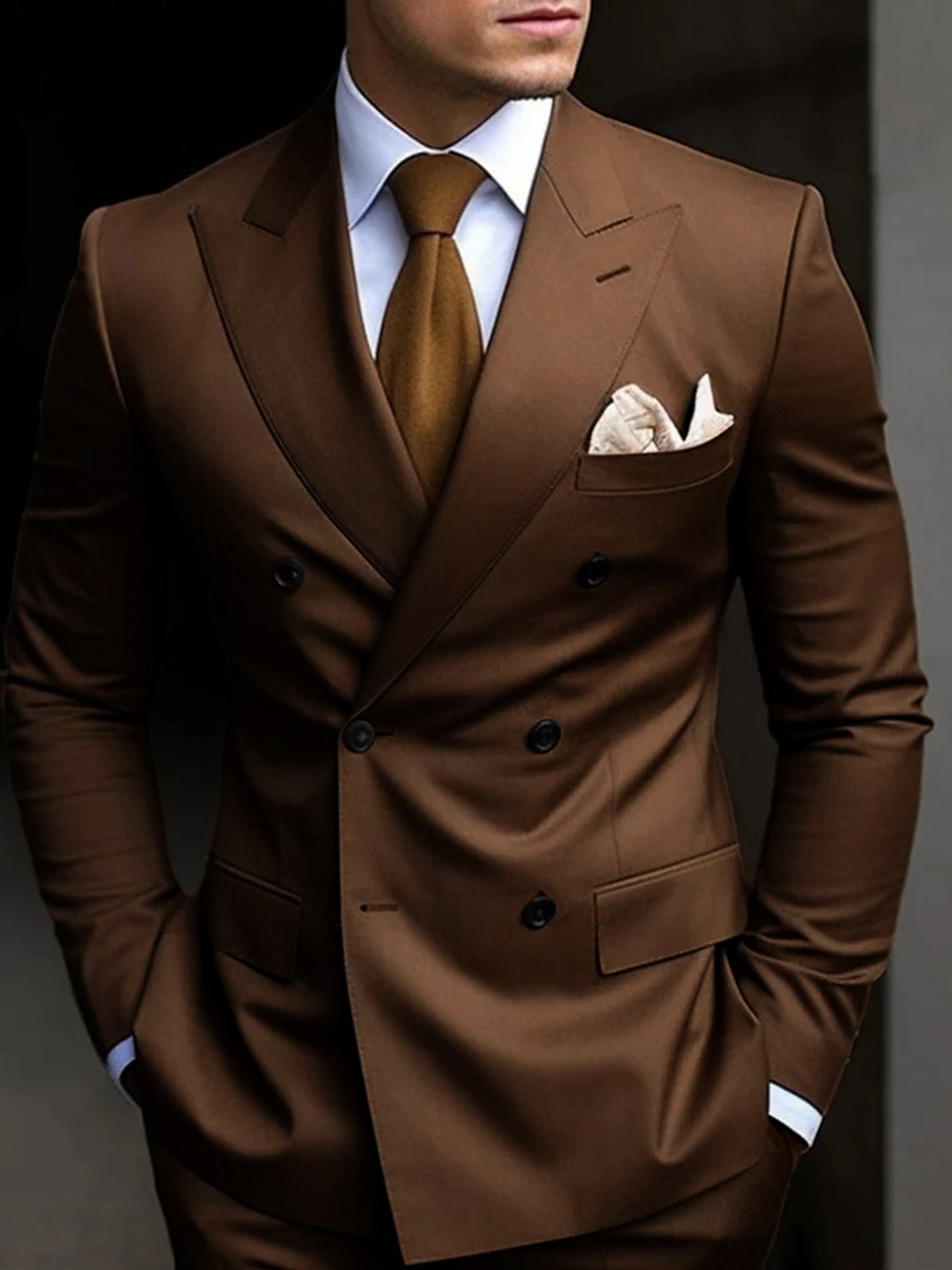 Men's double breasted two piece suit, side view