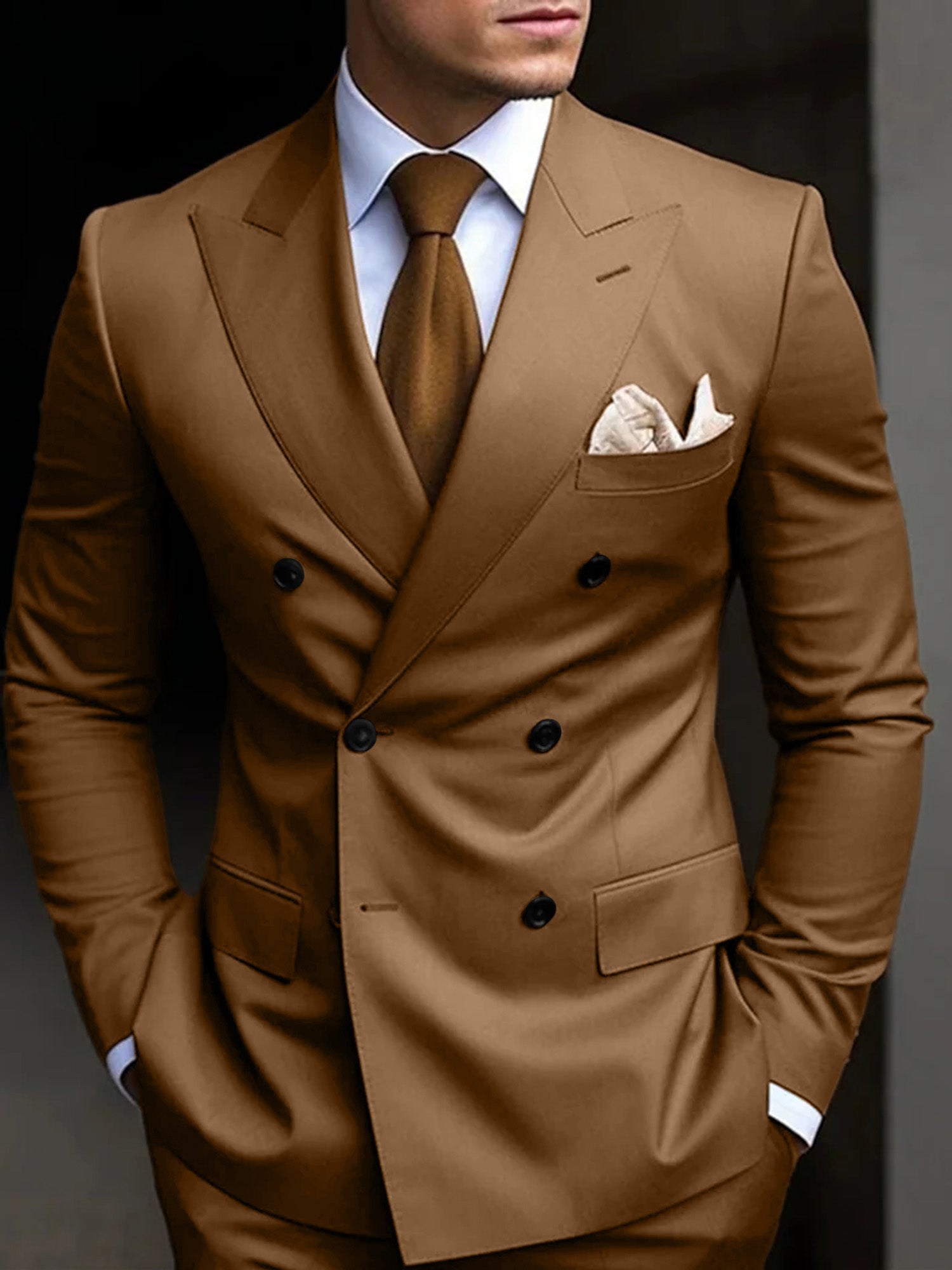 Men's double breasted two piece suit, detail
