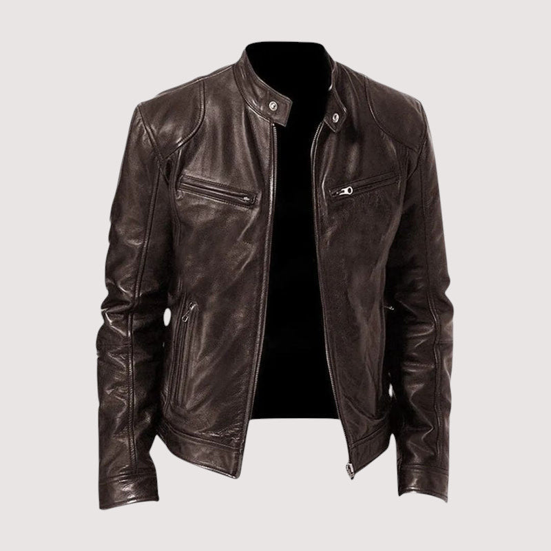 Men's classic leather zip jacket, back view