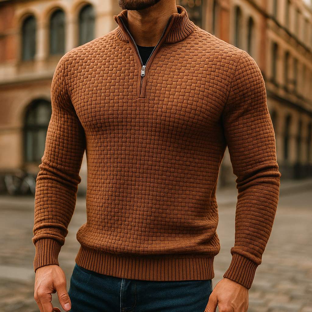 Men's wool blend waffle quarter zip jumper, detail