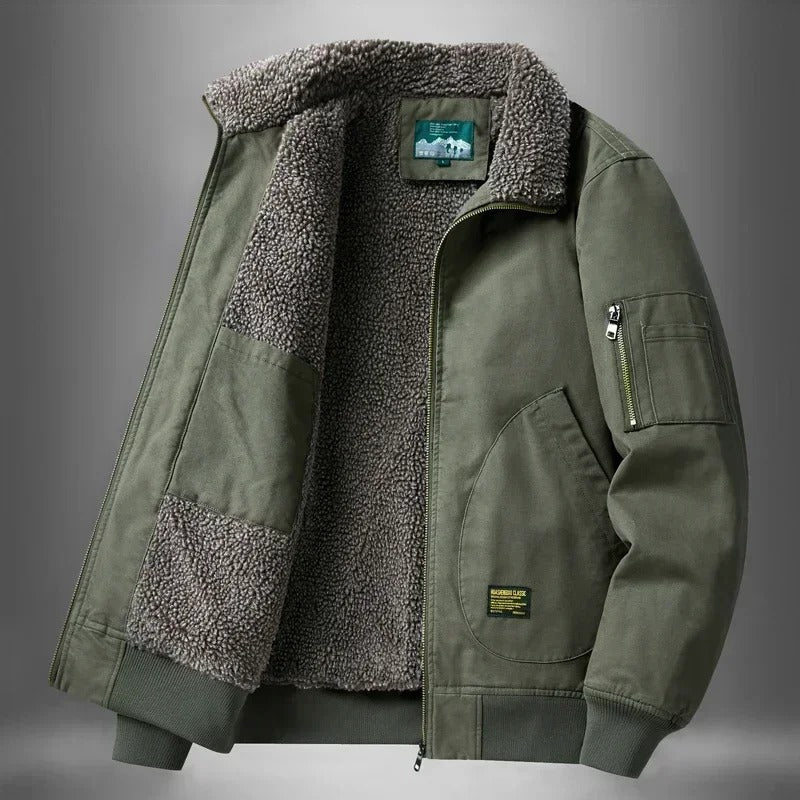 Men's sherpa lined flight bomber jacket, side view
