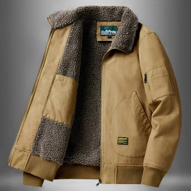 Men's sherpa lined flight bomber jacket, back view