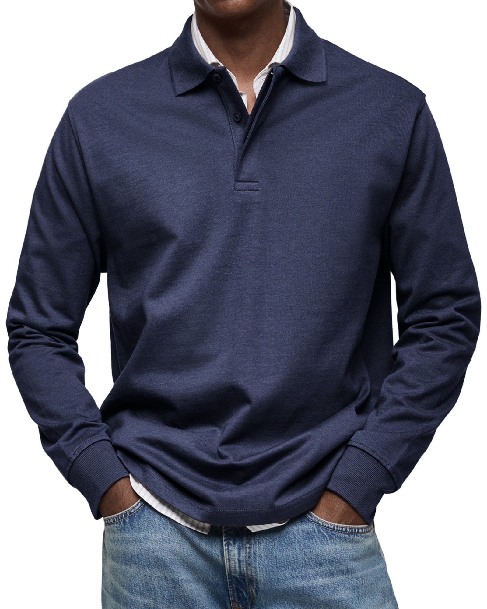Men's classic long sleeve polo shirt, side view