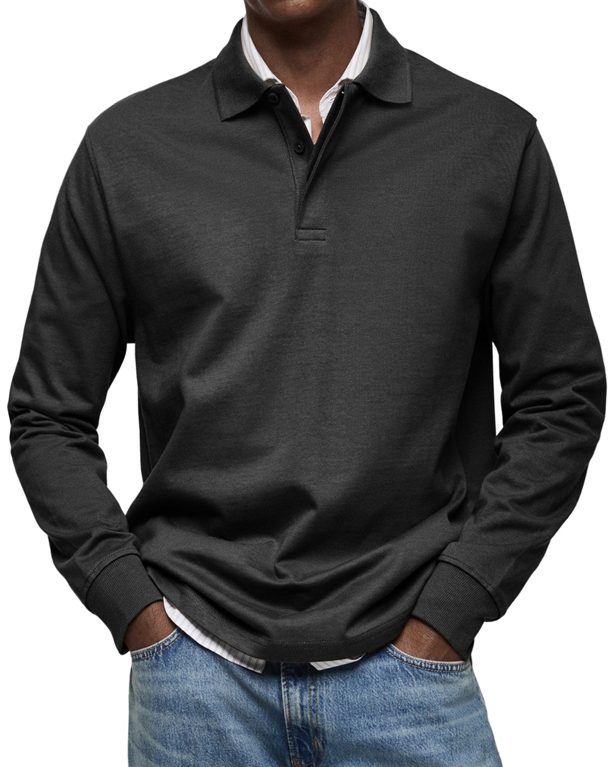 Men's classic long sleeve polo shirt, back view