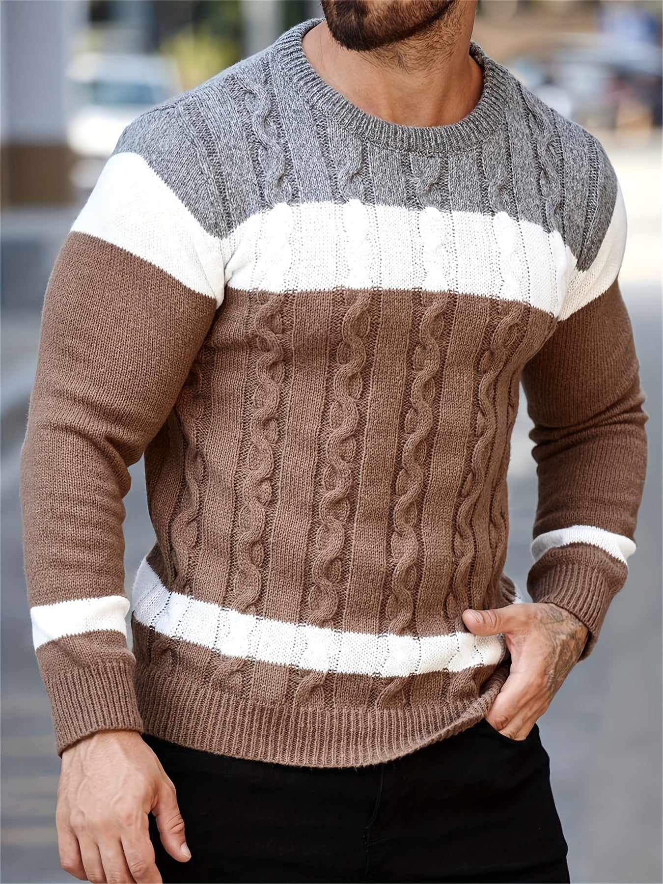 Men's colour block cable knit crew jumper, detail