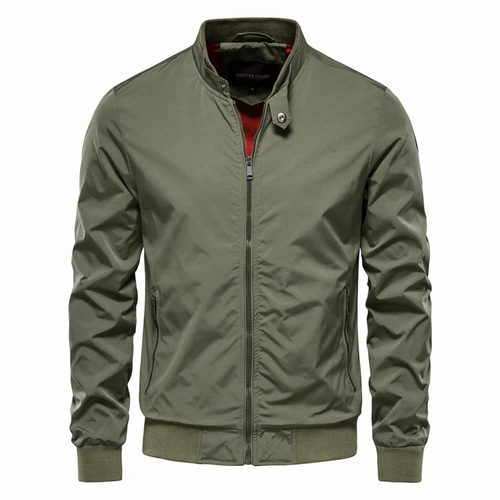 Men's lightweight zip up transitional jacket, side view