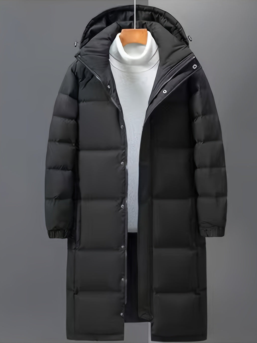 Men's long windproof puffer coat, back view