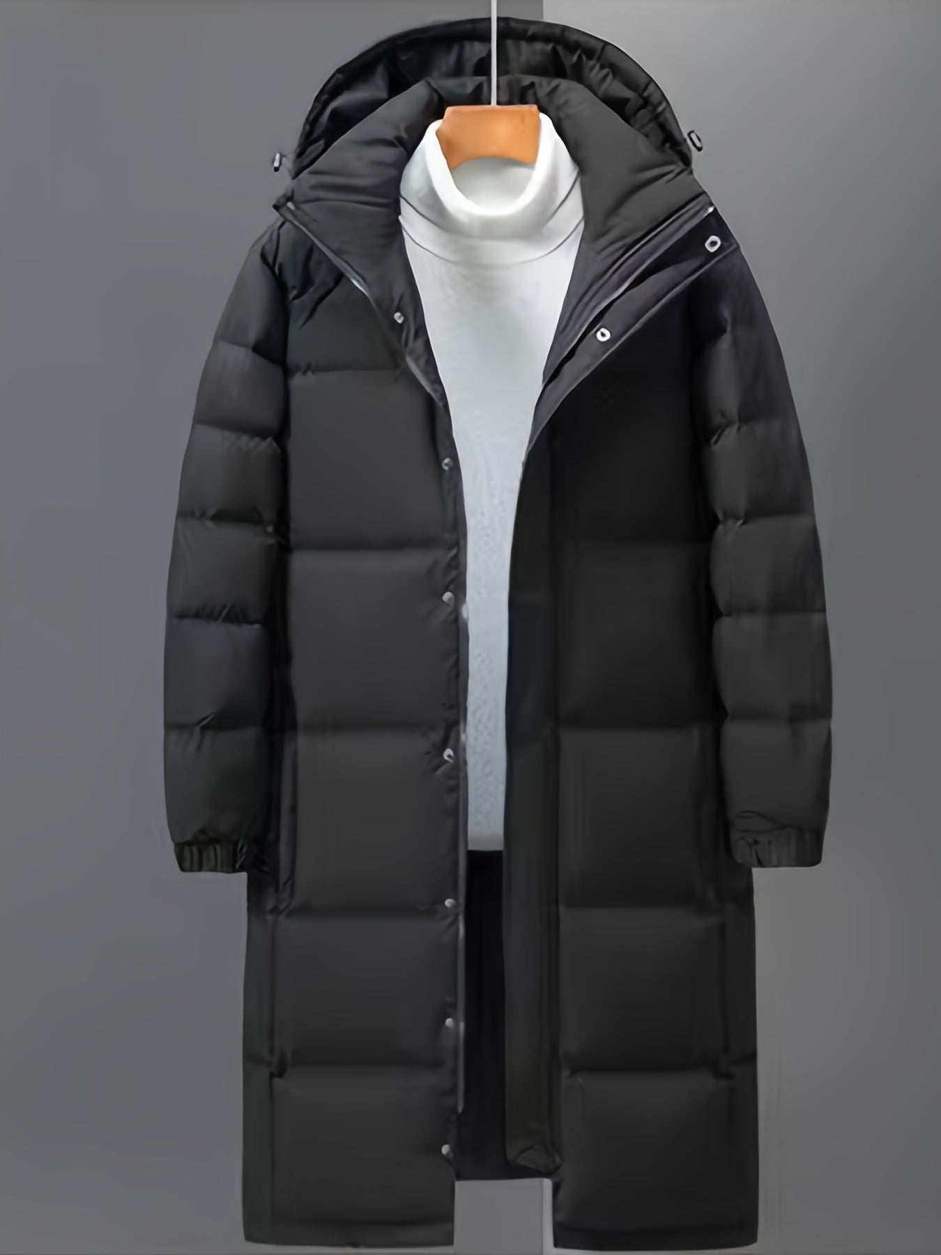 Men's long windproof puffer coat, back view