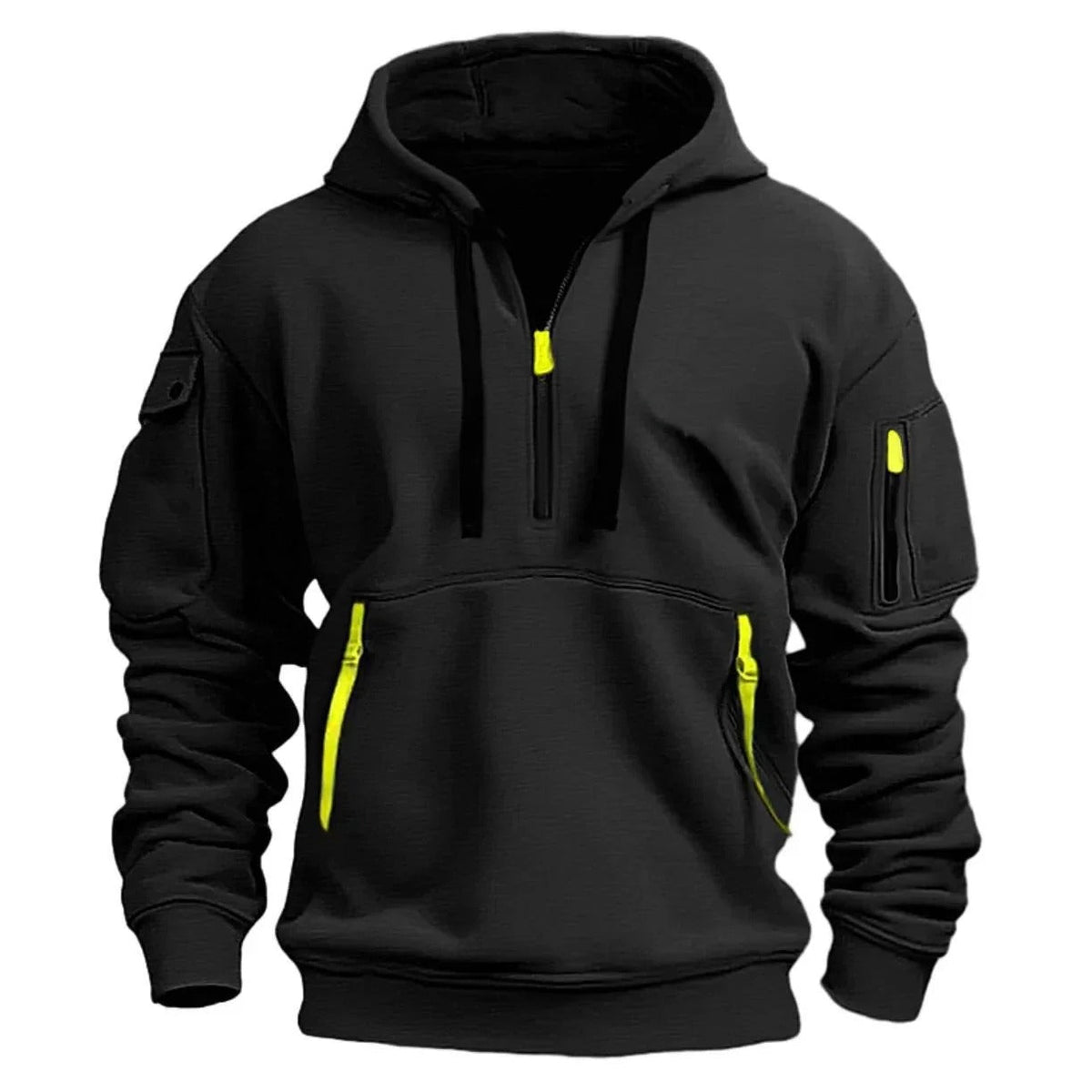 Men's half zip hoodie with zip pockets, side view