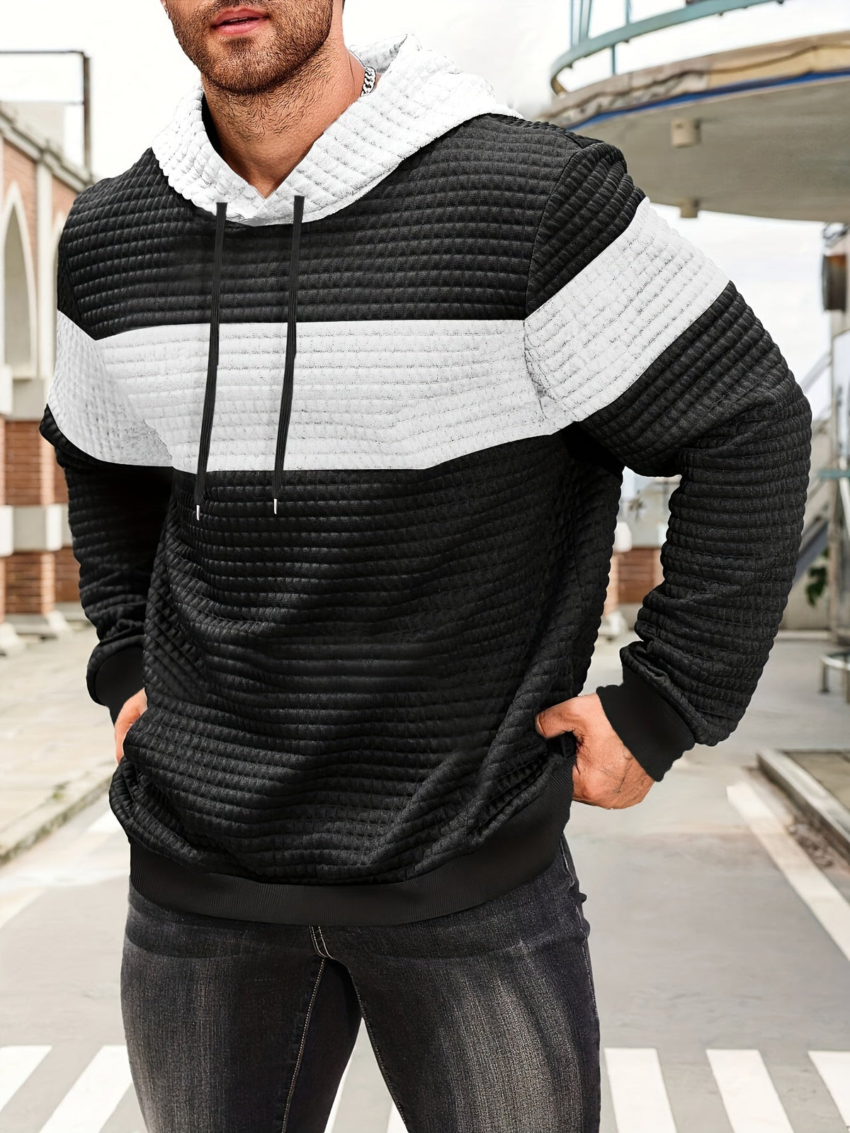 Men's colour block textured hoodie, view 8