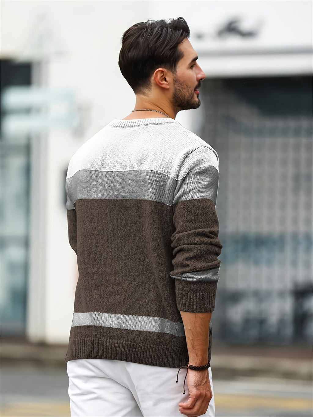 Men's colour block cable knit crew jumper, view 8