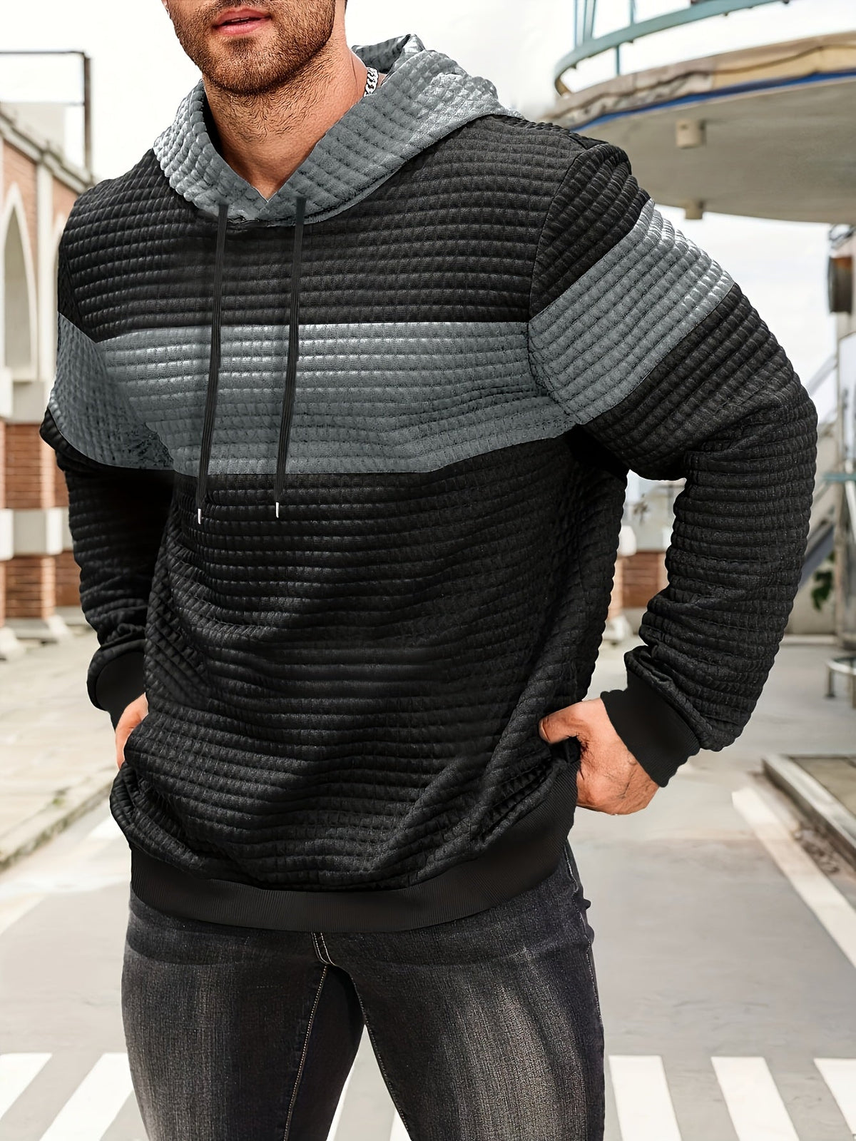 Men's colour block textured hoodie, view 23
