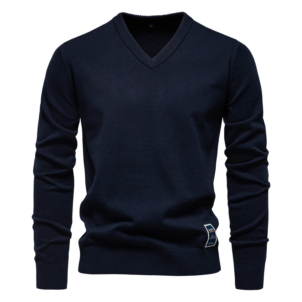 Men's classic v neck cotton jumper, side view