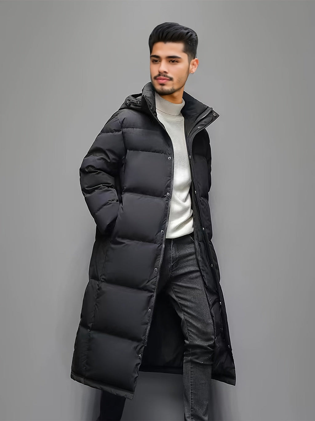 Men's long windproof puffer coat, side view