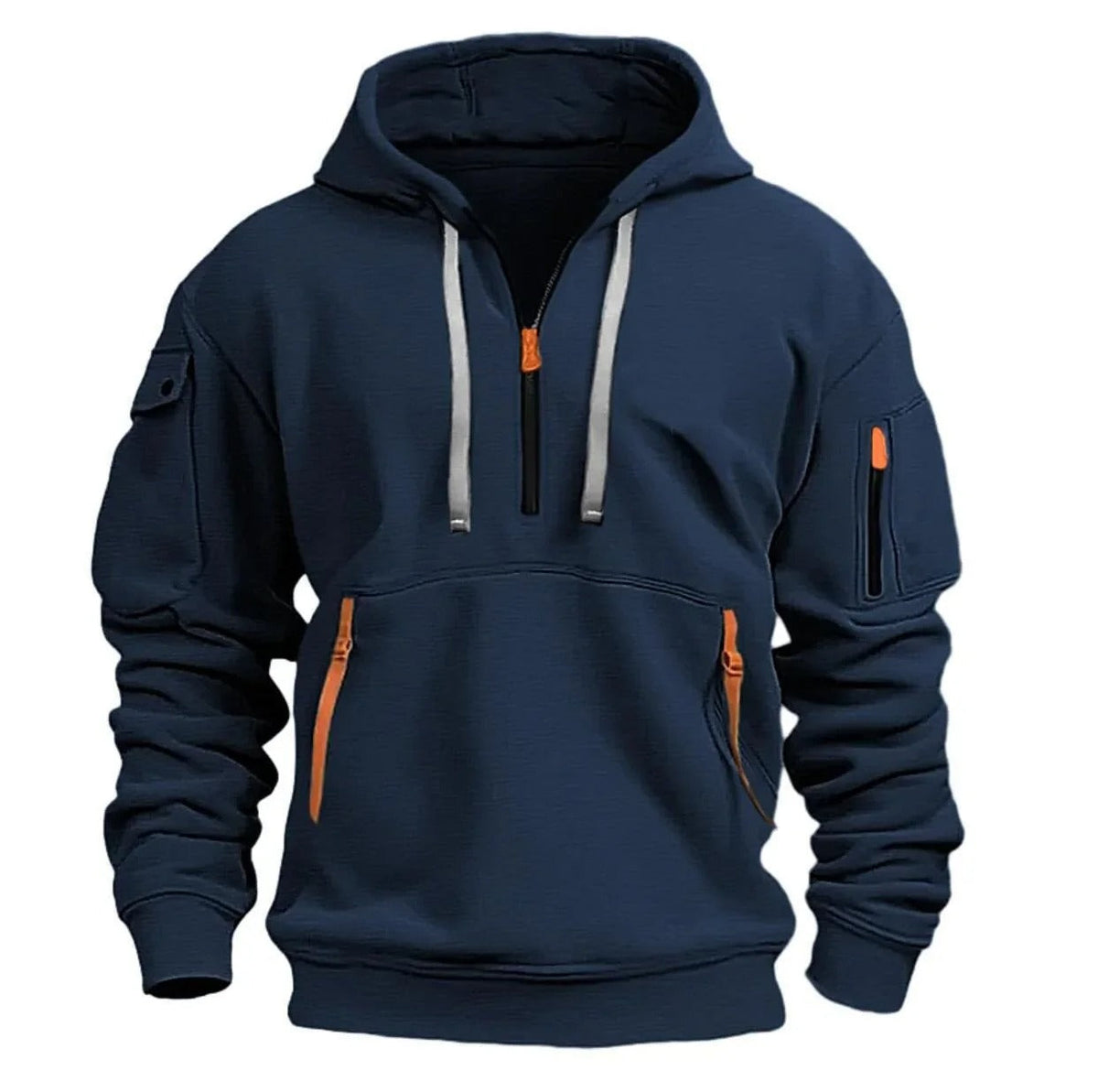 Men's half zip hoodie with zip pockets, detail