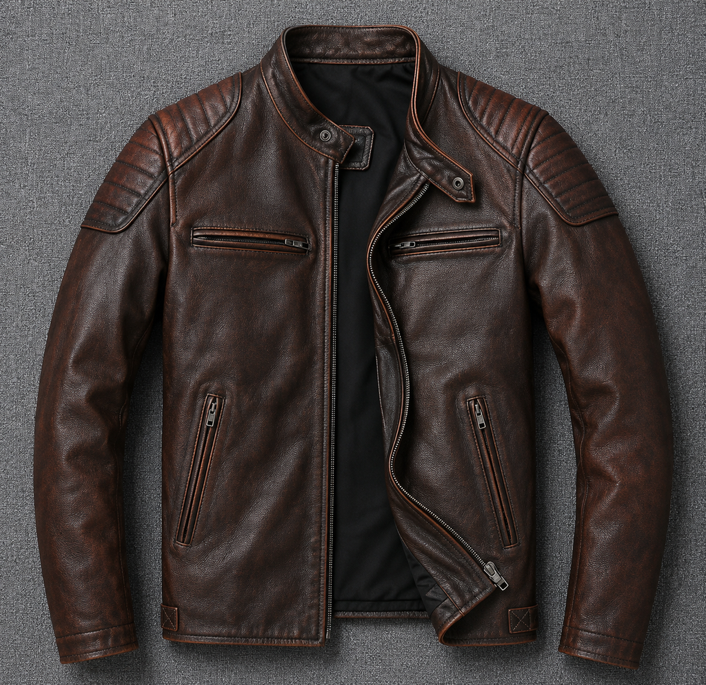 Men's genuine leather stand collar jacket, side view