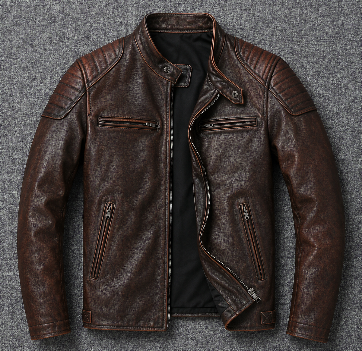 Men's genuine leather stand collar jacket, side view