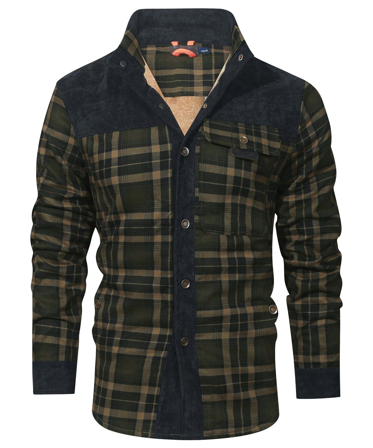Men's faux fur lined check flannel jacket, detail
