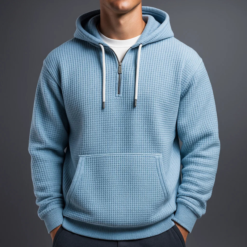 Men's waffle knit half zip hoodie, side view