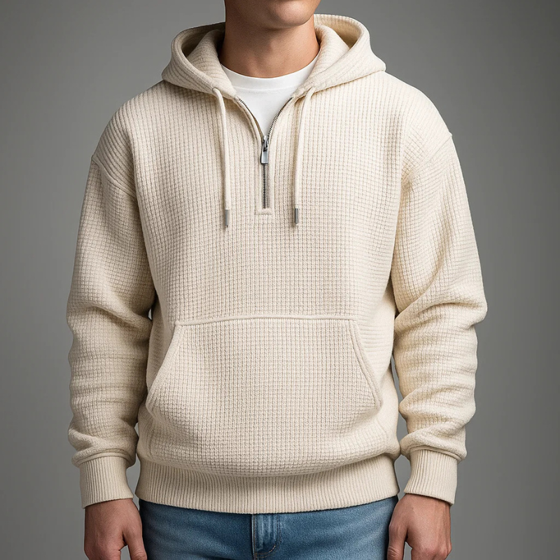 Men's waffle knit half zip hoodie, back view