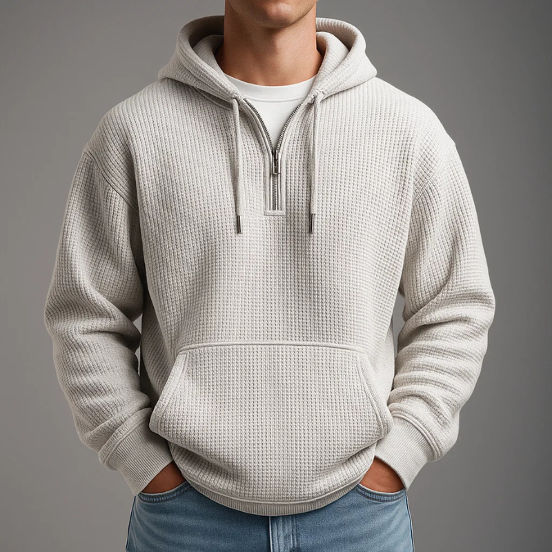 Men's waffle knit half zip hoodie, detail