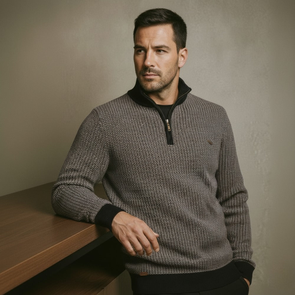 Men's birdseye knit quarter zip jumper, side view