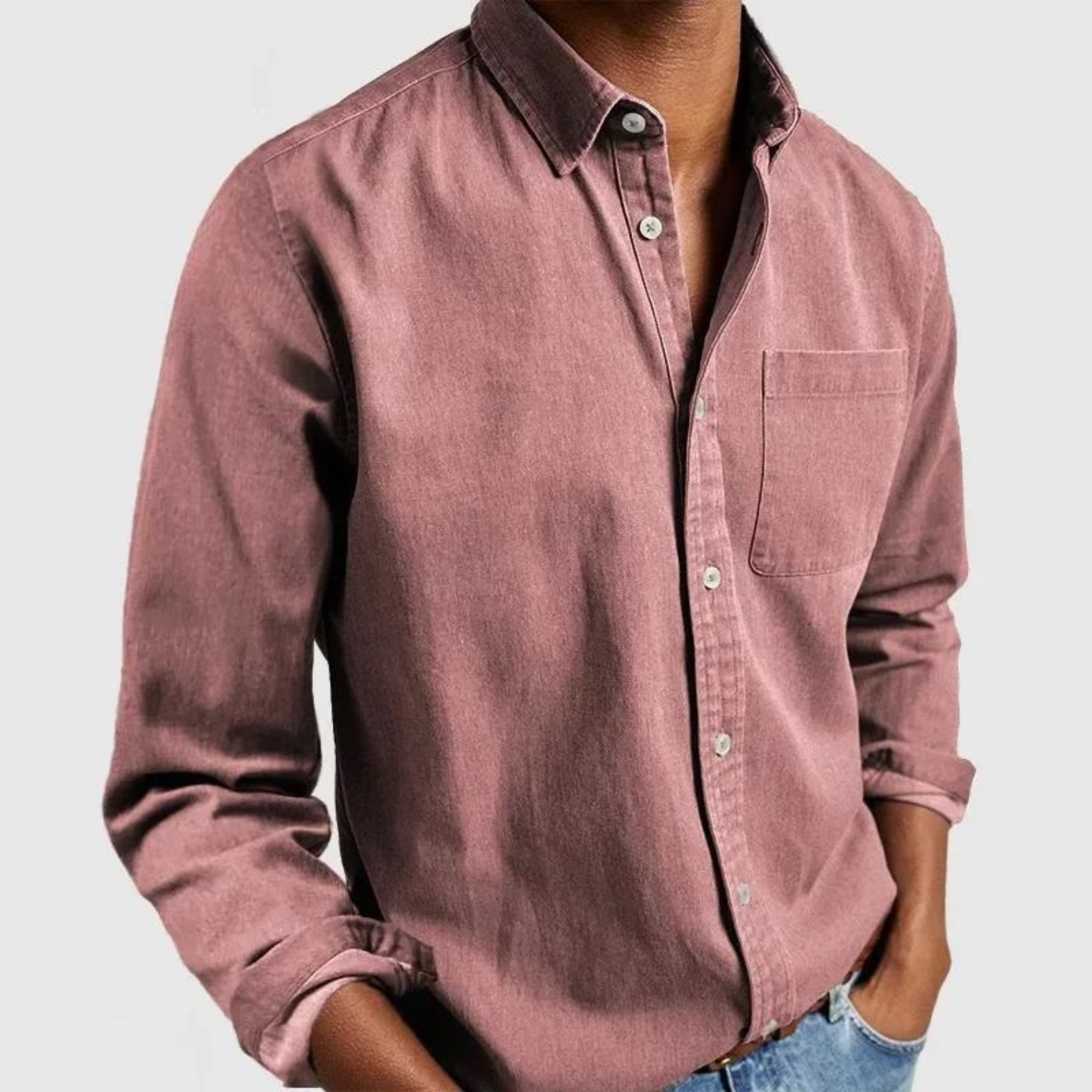 Men's everyday comfort button up shirt, side view