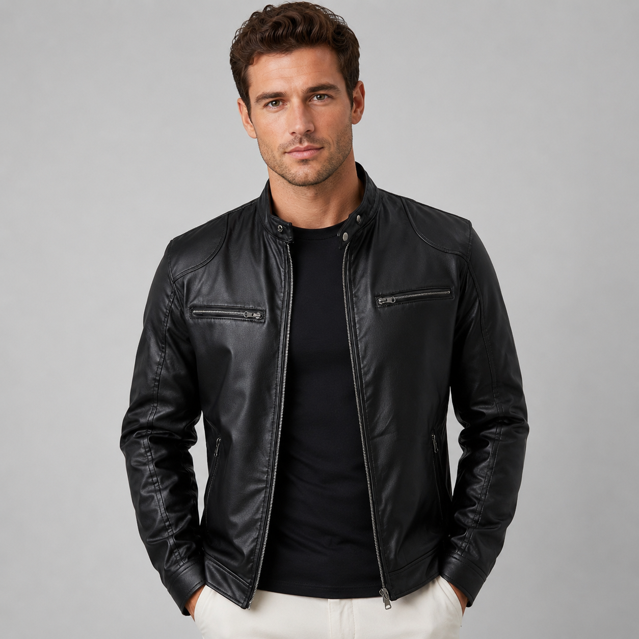 Men's leather look stand collar biker jacket