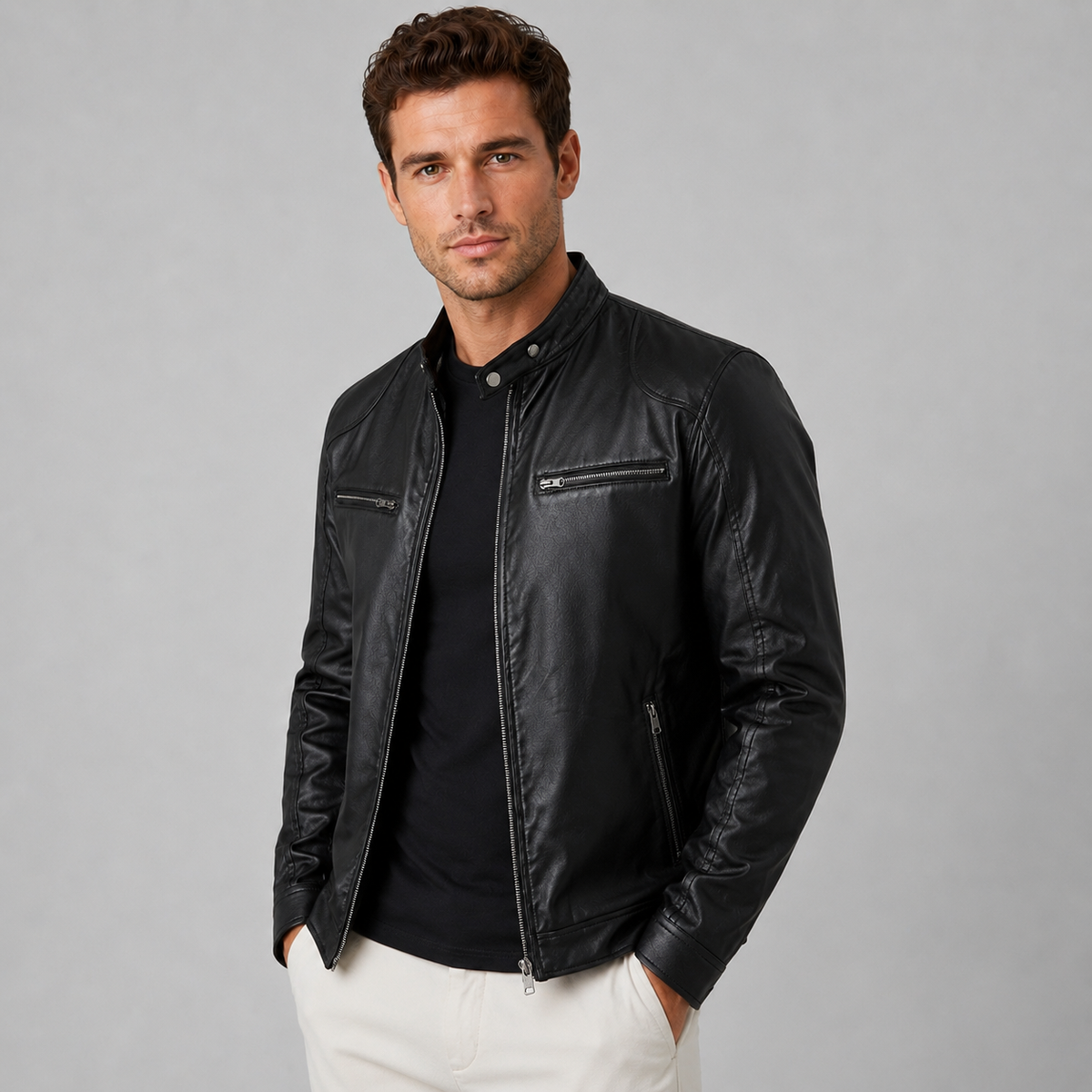 Men's leather look stand collar biker jacket, side view
