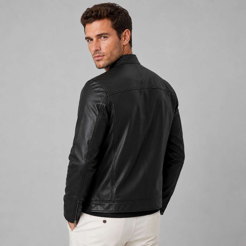 Men's leather look stand collar biker jacket, back view