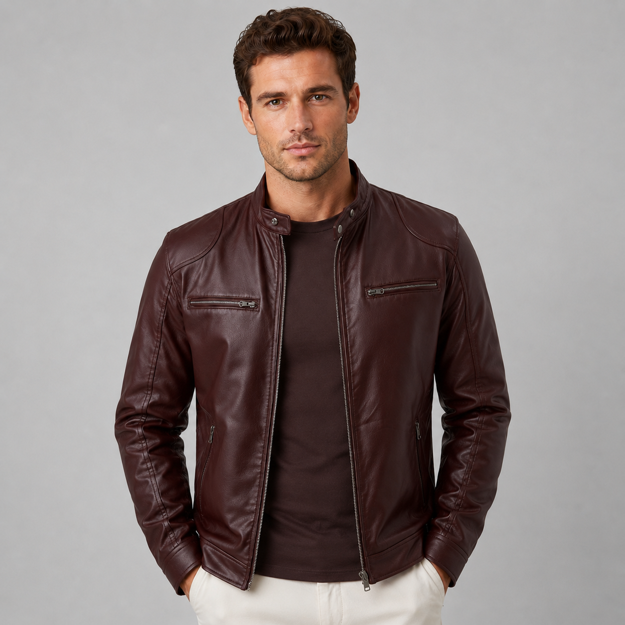 Men's leather look stand collar biker jacket, view 5