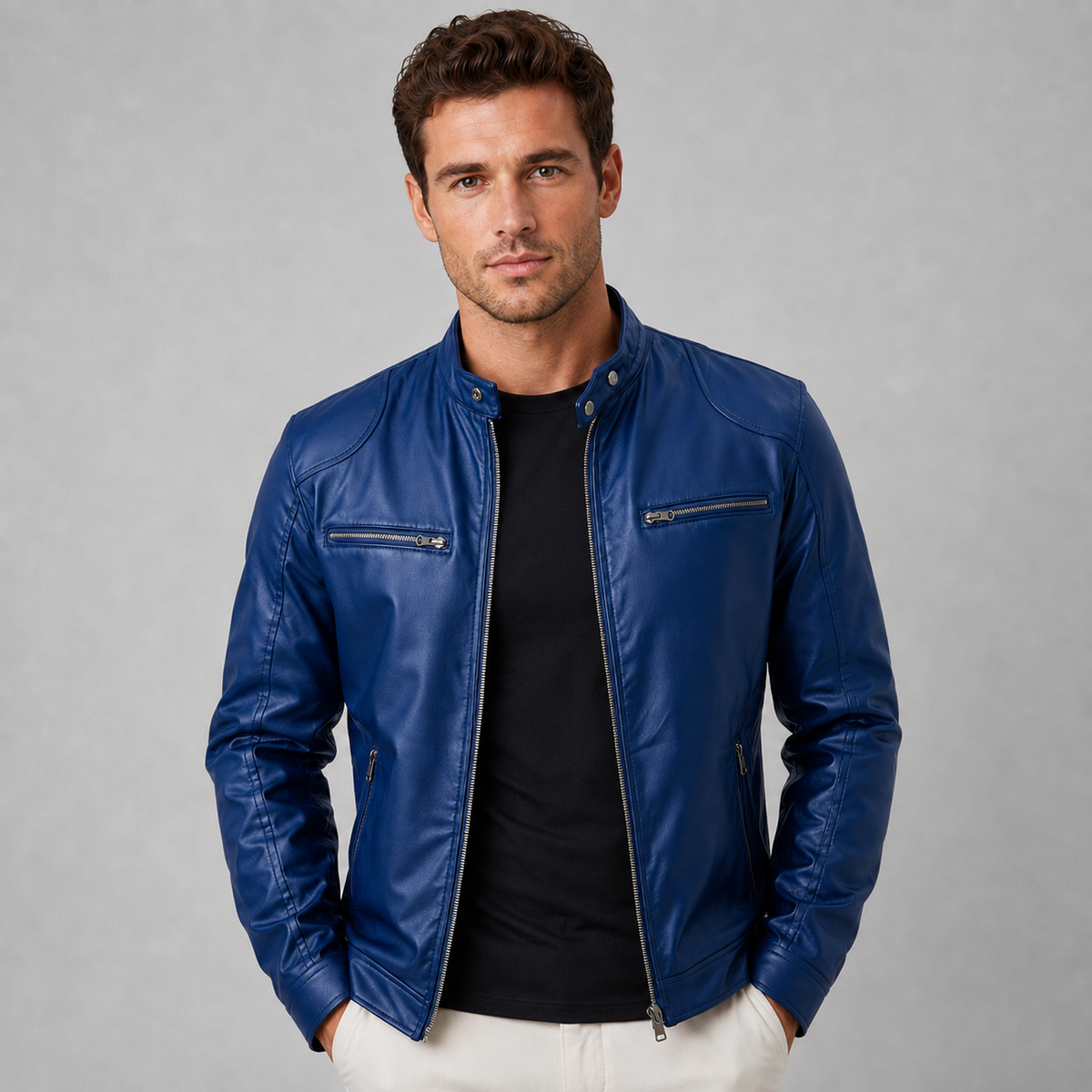 Men's leather look stand collar biker jacket, view 6