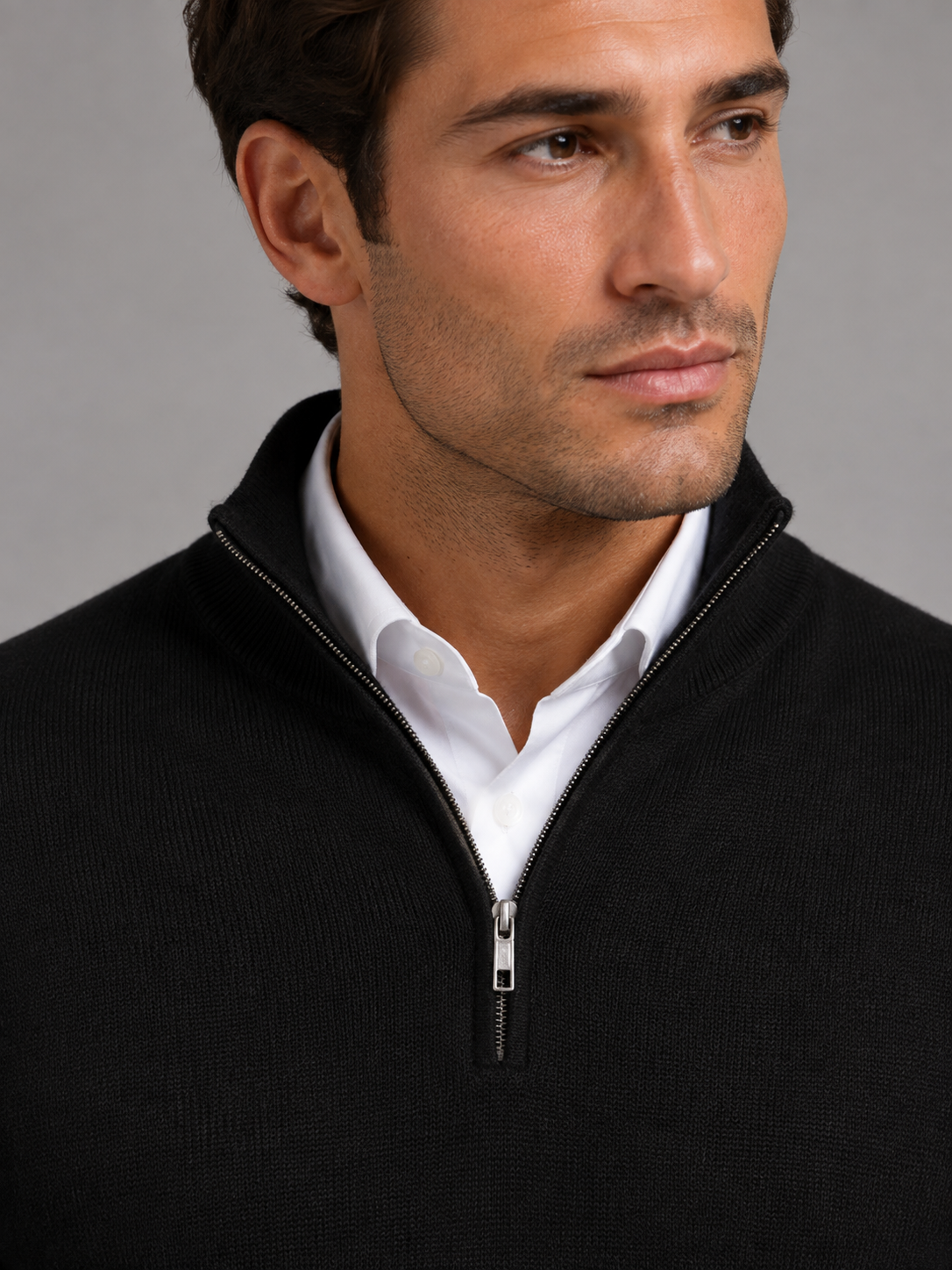 Men's contrast tipped mock neck quarter zip, side view