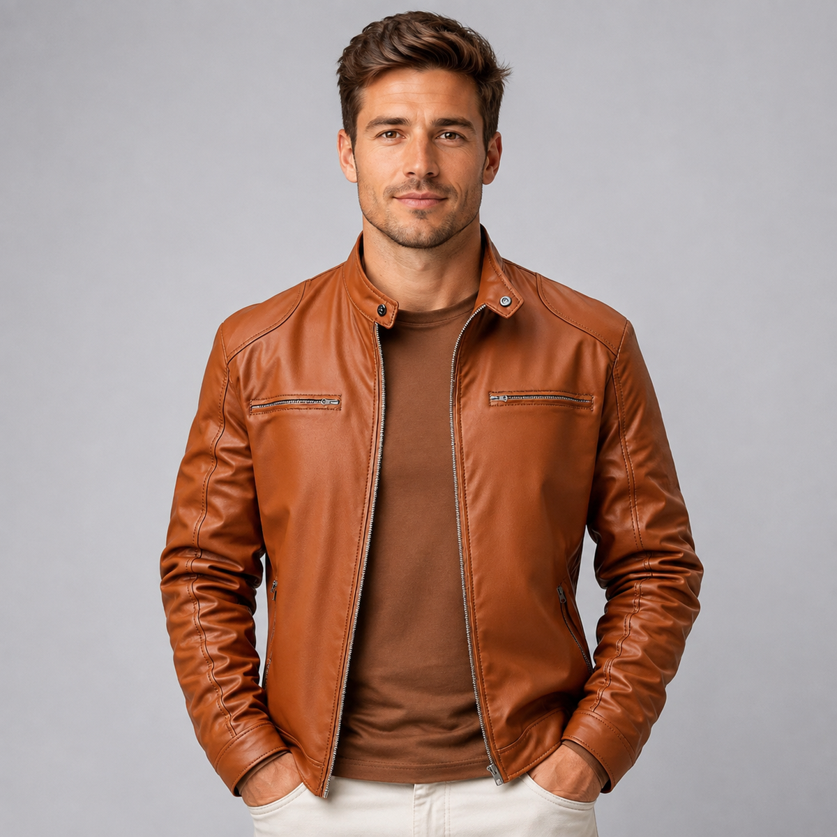 Men's leather look stand collar biker jacket, detail