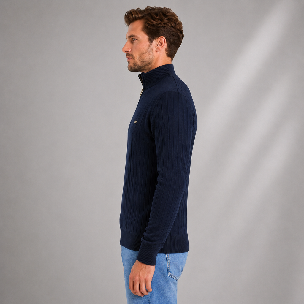 Men's ribbed funnel neck quarter zip jumper, side view