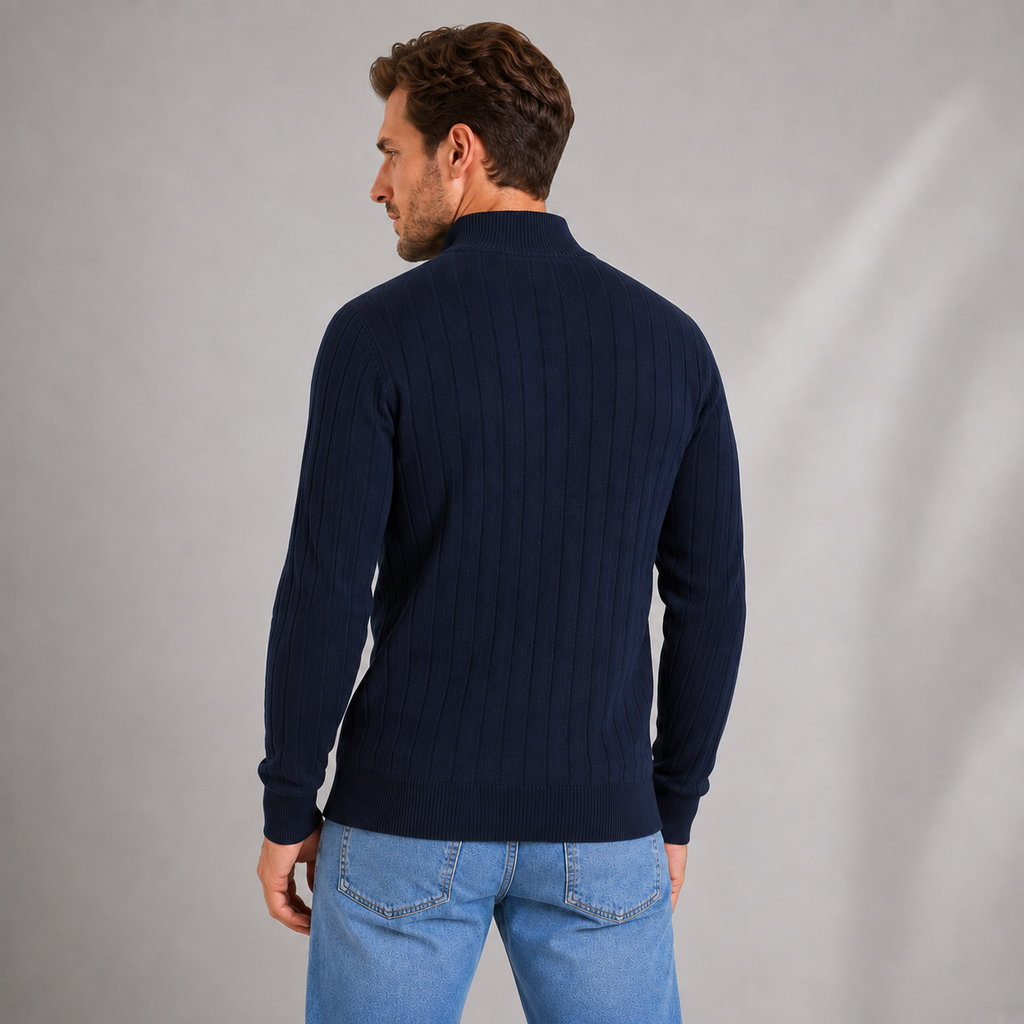Men's ribbed funnel neck quarter zip jumper, back view