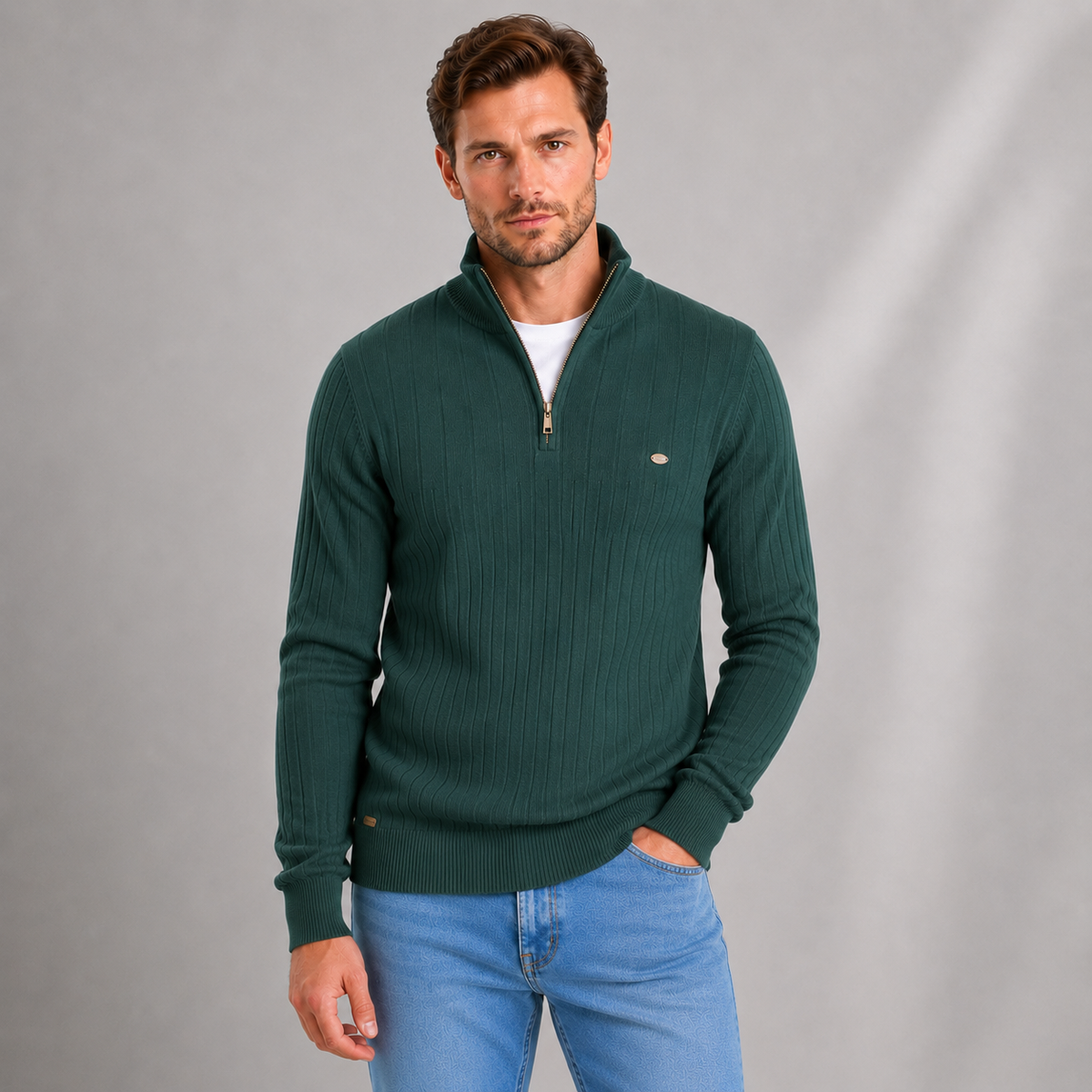 Men's ribbed funnel neck quarter zip jumper, view 9
