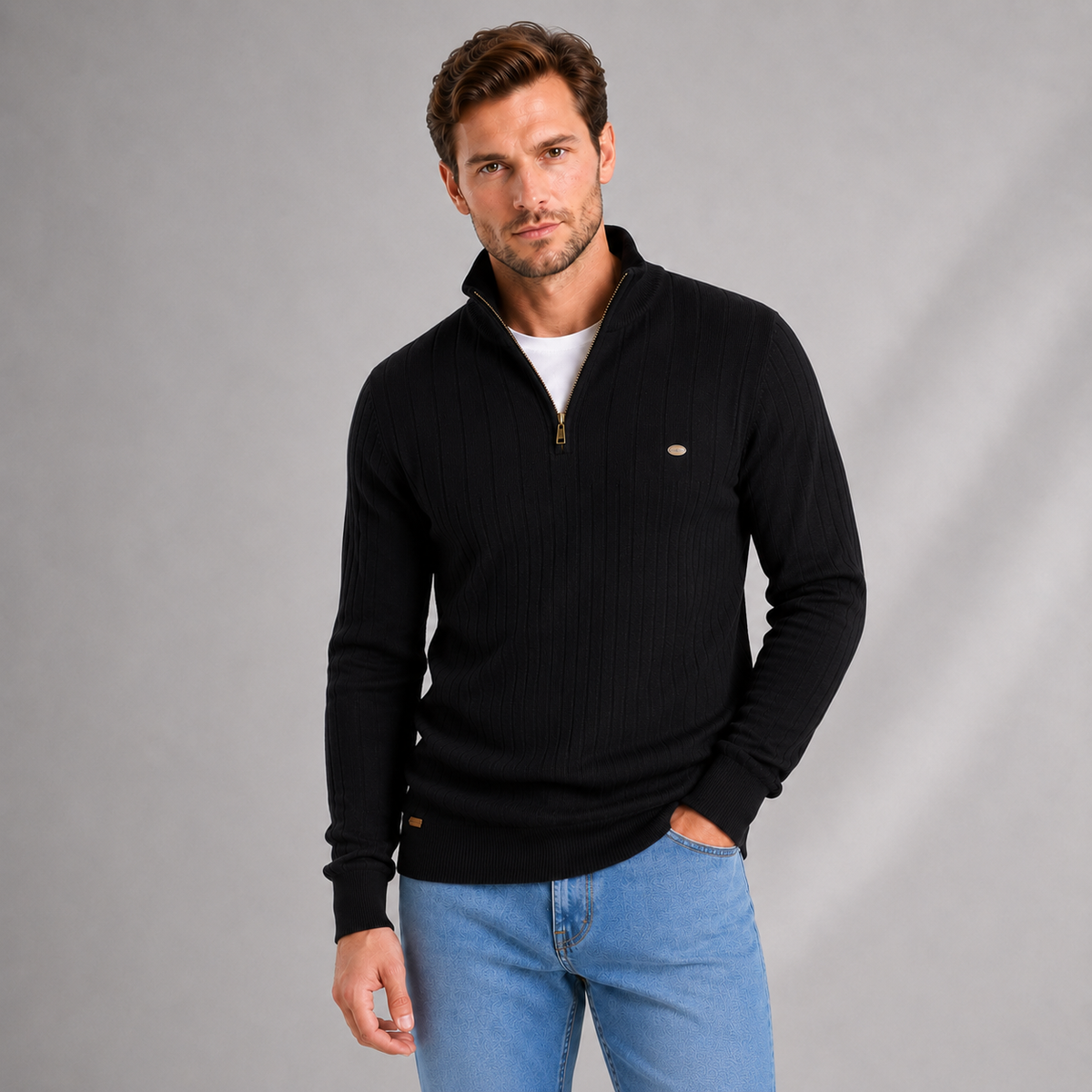 Men's ribbed funnel neck quarter zip jumper, view 7