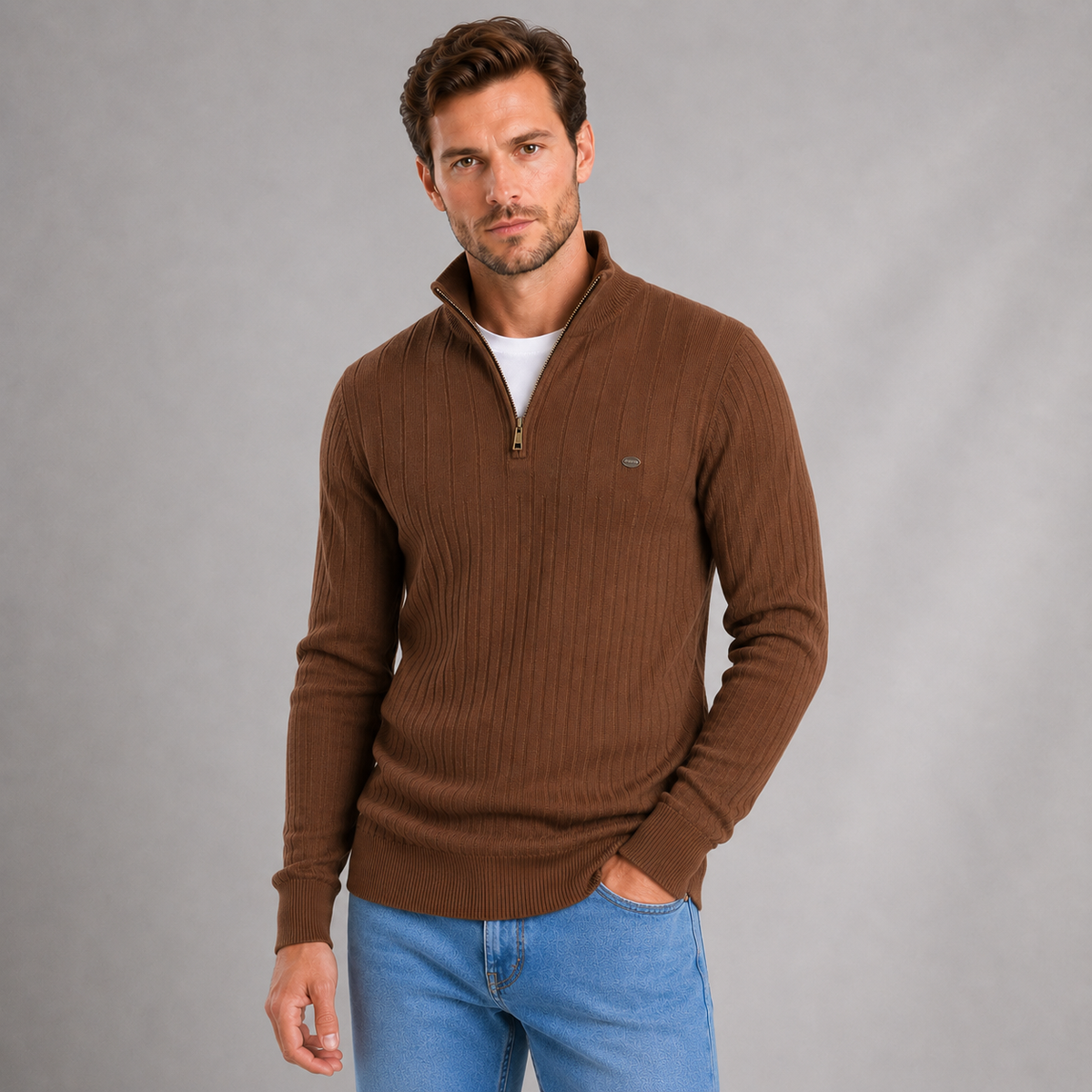 Men's ribbed funnel neck quarter zip jumper, view 8