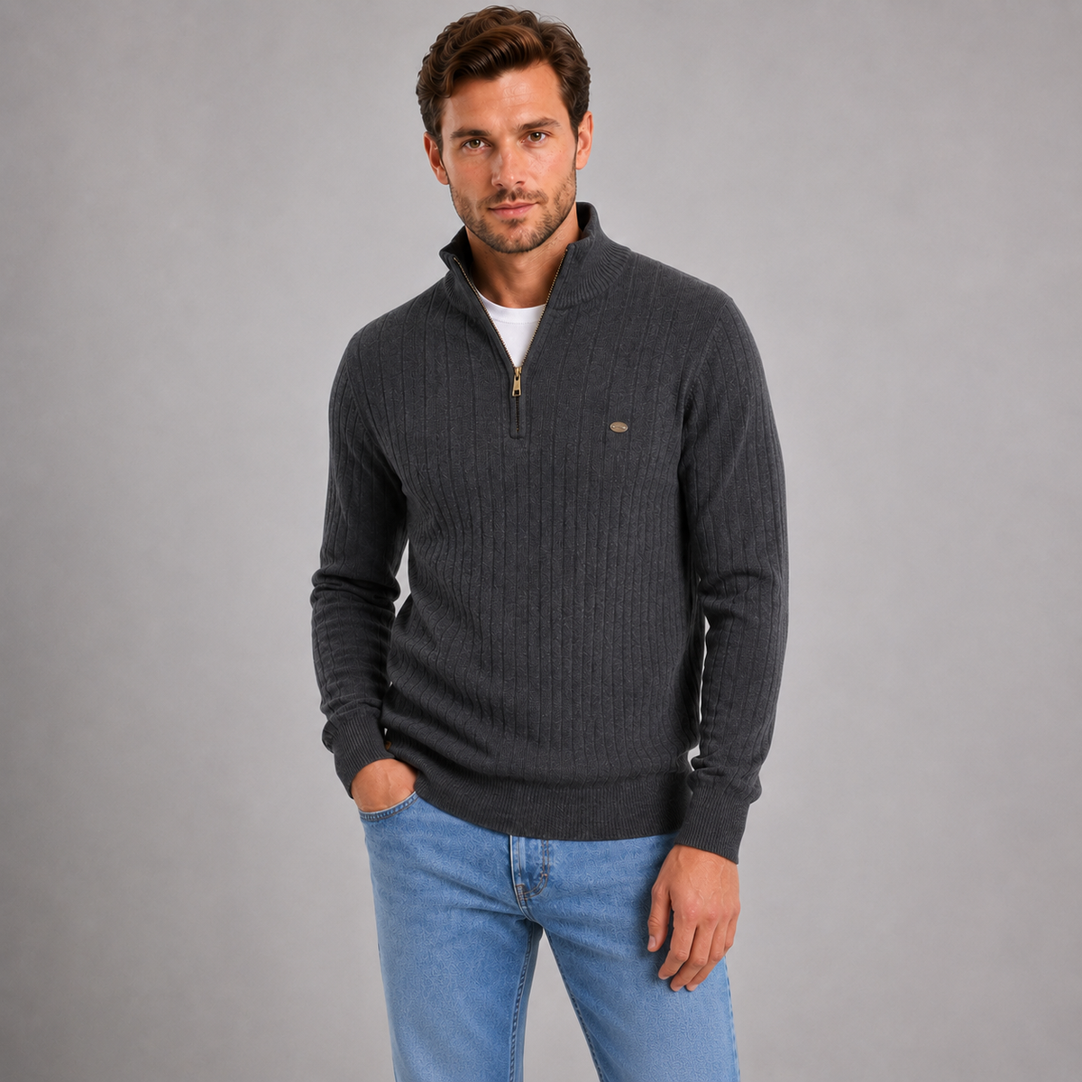 Men's ribbed funnel neck quarter zip jumper, view 6